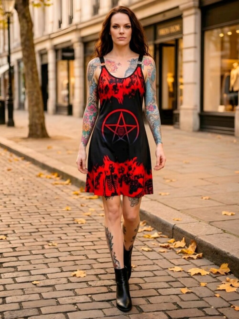 A Gothic Universe Pentagram Skeleton Flame O-Ring Strap A-Line Mini Dress Sz S